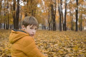 triste peu garçon dans le l'automne parc. une enfant sur une marcher sur une nuageux pluvieux journée. photo