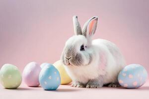 de face vue de lapin et Pâques des œufs sur lumière rose Contexte. génératif ai. photo
