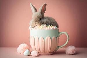 mignonne lapin dans tasse sur rose Contexte. génératif ai. photo