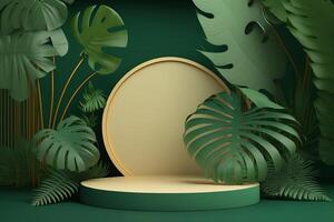 beige afficher podium sur vert Contexte avec tropical plante décoration. génératif ai. photo