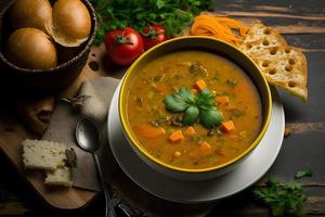 saveur le saveur délicieux photo lentille soupe surmonté avec haché herbes et croquant craquelins