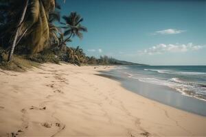 blanc le sable sur le plage, océan côte, palmier, océan et sable, du repos sur le mer avec copie espace. génératif ai photo