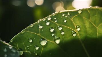 grand magnifique gouttes de transparent pluie l'eau sur une vert feuille macro. Matin lueur dans le lumière du soleil. magnifique feuille texture dans la nature. Naturel Contexte. génératif ai photo