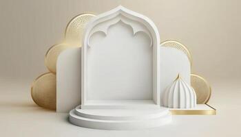 blanc doux pastel podium islamique Contexte. ramadhan ornement sur blanc doux tapis Contexte. génératif ai photo