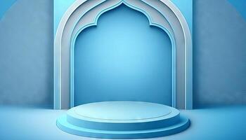 bleu doux pastel podium islamique Contexte. ramadhan ornement sur bleu doux tapis Contexte. génératif ai photo