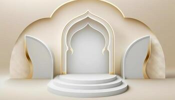 blanc doux pastel podium islamique Contexte. ramadhan ornement sur blanc doux tapis Contexte. génératif ai photo