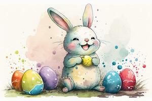 ai généré aquarelle La peinture content lapin et Pâques des œufs dessin animé. Pâques lapin, Pâques lapin, Pâques lièvre concept. photo