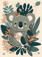 ai généré koala visage dessin animé avec floral et eucalyptus. photo