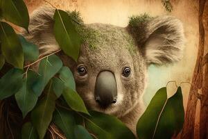 koala ours visage et eucalyptus. ai généré photo