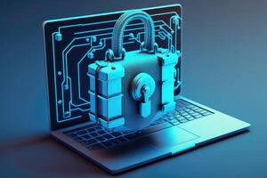 ai généré 3d cyber Sécurité illustration avec haute technologie cadenas protéger une portable ordinateur dans HD bleu Contexte. photo