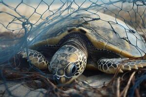 tortue piégé dans Plastique des ordures mensonge sur le plage. le concept de un écologique catastrophe causé par Plastique ordures. ai généré photo