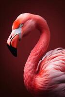 une magnifique exotique oiseau, une à long cou rose flamant permanent fièrement dans le l'eau sur une rose Contexte. ai généré photo