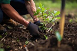 une jardinier dans gants les plantes Jeune arbre semis dans le sol. le concept de printemps et le début de travail dans le jardin. ai généré photo