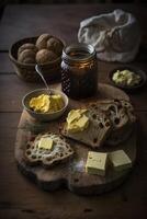assortiment de pain, fromage, beurre et mon chéri pour petit-déjeuner, sur rustique tableau. génératif ai photo