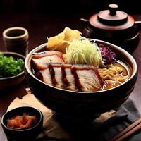 Japonais cuisine est une délicat et astucieux mélange de les saveurs et textures, connu pour ses Frais ingrédients, Sushi, ramens, et bento des boites. photo