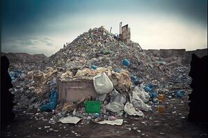 ai généré Plastique déchets dans décharge. environnement la pollution concept. photo