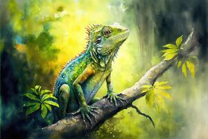 ai généré mignonne iguane permanent sur une branche aquarelle peinture. photo