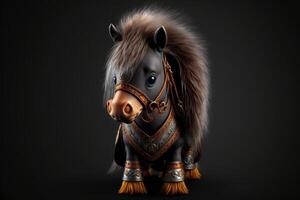 ai généré mignonne cheval dans guerrier mascotte costume sur noir Contexte. 12 chinois zodiaque panneaux horoscope concept. photo