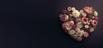 magnifique bannière avec cœur fabriqué de fleurs et copie espace. la Saint-Valentin journée Contexte. vide espace pour La publicité texte, invitation, logo. carte postale, salutation carte conception. génératif ai. photo