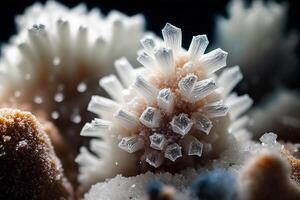 magnifique abstrait Contexte avec blanc cristaux. mystérieux pierres précieuses, minéraux. la magie cristal grappe. fermer voir. génératif ai. photo