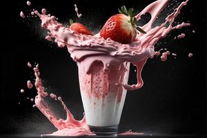 une verre de fraise Milk-shake avec une éclaboussure de fraise sur le Haut. photo