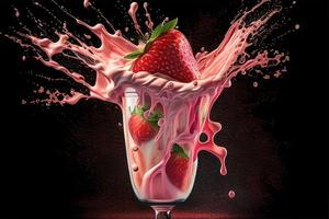 une verre de fraise Milk-shake avec une éclaboussure de fraise sur le Haut. photo