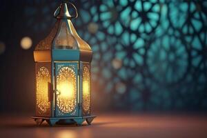 une lanterne avec le lumière brillant sur il, islamique Contexte photo