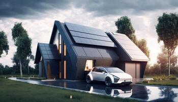 une maison avec solaire panneaux et un électrique voiture, un indépendant de l'énergie loger, écologiquement amical énergie dans le loger, génératif ai. photo