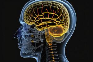 scanné Humain tête dans profil, brillant Orange cerveau et tête et cou veines, génératif ai. photo