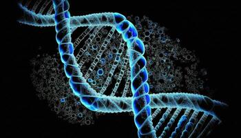 désoxyribonucléique acide de bleu cellules sur une noir arrière-plan, bleu ADN spirales, génératif ai. photo