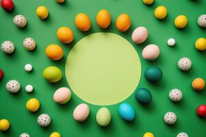 Créatif Pâques disposition de coloré des œufs sur une vert arrière-plan, génératif ai. photo