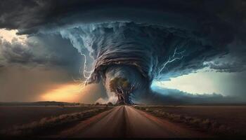 une gros tornade dans le champ, une gros Naturel catastrophe dans le monde, génératif ai. photo