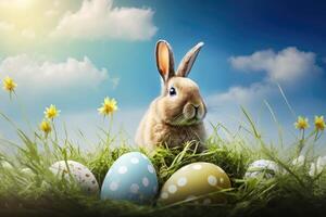 symboles de Pâques vacances, une lièvre est assis sur le herbe près Pâques des œufs sur le Contexte de le ciel, génératif ai. photo