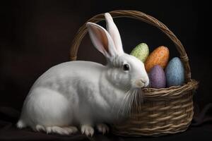 une blanc lapin avec Pâques des œufs près une panier sur une noir arrière-plan, génératif ai. photo