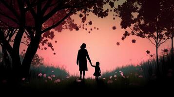 une silhouette de une mère et enfant en portant mains et en marchant dans une parc entouré par épanouissement fleurs - ai généré photo