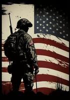 américain drapeau et soldat, Mémorial journée - ai généré photo