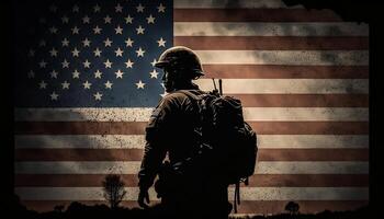 américain drapeau et soldat, Mémorial journée - ai généré photo