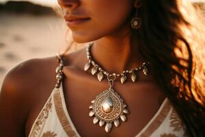 fille portant Indien argent bijoux sur le plage. illustration ai génératif photo