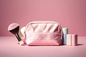rose maquillage sac avec cosmétique des produits. illustration ai génératif photo