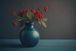 petit bouquet de rouge fleurs dans ancien vase sur bois tableau. illustration ai génératif photo