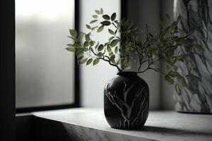 branches vert bois est mis dans une noir verre vase. illustration ai génératif photo