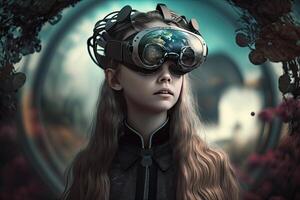 fille dans virtuel monde dans vr des lunettes plein corps. illustration ai génératif photo