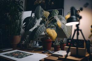 beatnik artiste espace de travail les plantes et Toile documentaire. illustration ai génératif photo