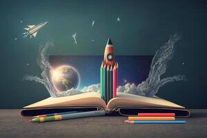 livres et des crayons avec fusée esquisser. illustration ai génératif photo