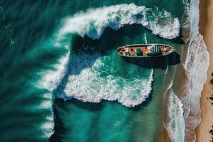 vague et bateau sur le plage comme Contexte. magnifique la nature. illustration ai génératif photo