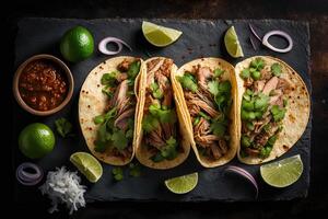 mexicain porc carnitas tacos. illustration ai génératif photo