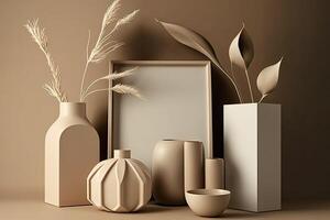 élégant minimaliste beige composition avec conception vases. illustration ai génératif photo