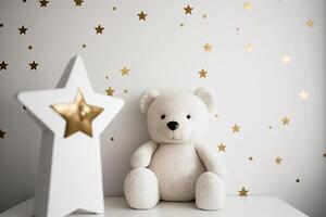 blanc mur avec or étoiles autocollants et nounours ours dans le intérieur. illustration ai génératif photo