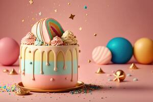 savoureux enfants anniversaire gâteau. illustration ai génératif photo