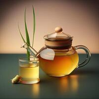 verre théière et tasse contenant Citronnelle et gingembre thé. illustration ai génératif photo